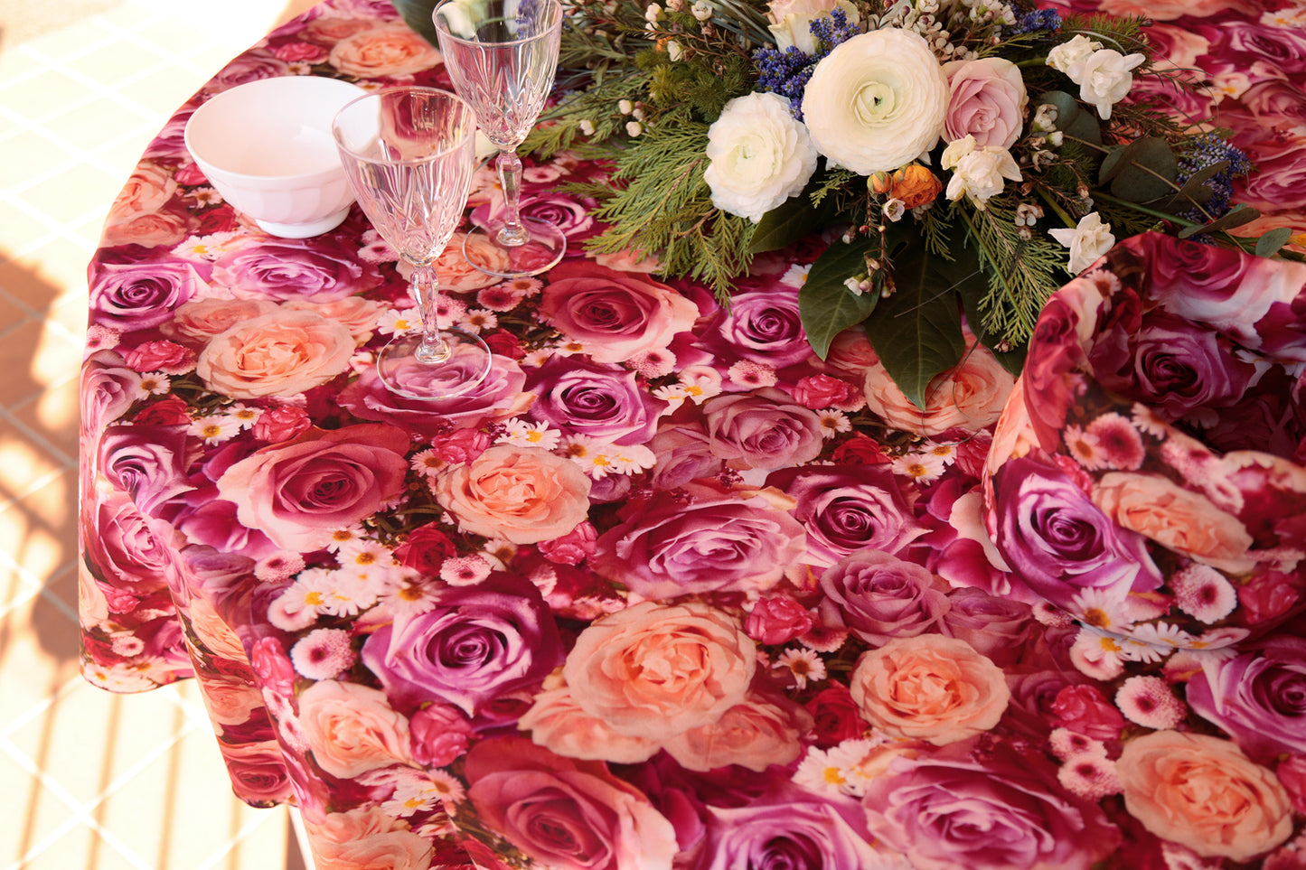 TOVAGLIA ROSE ARANCIONI e VIOLA tela puro cotone