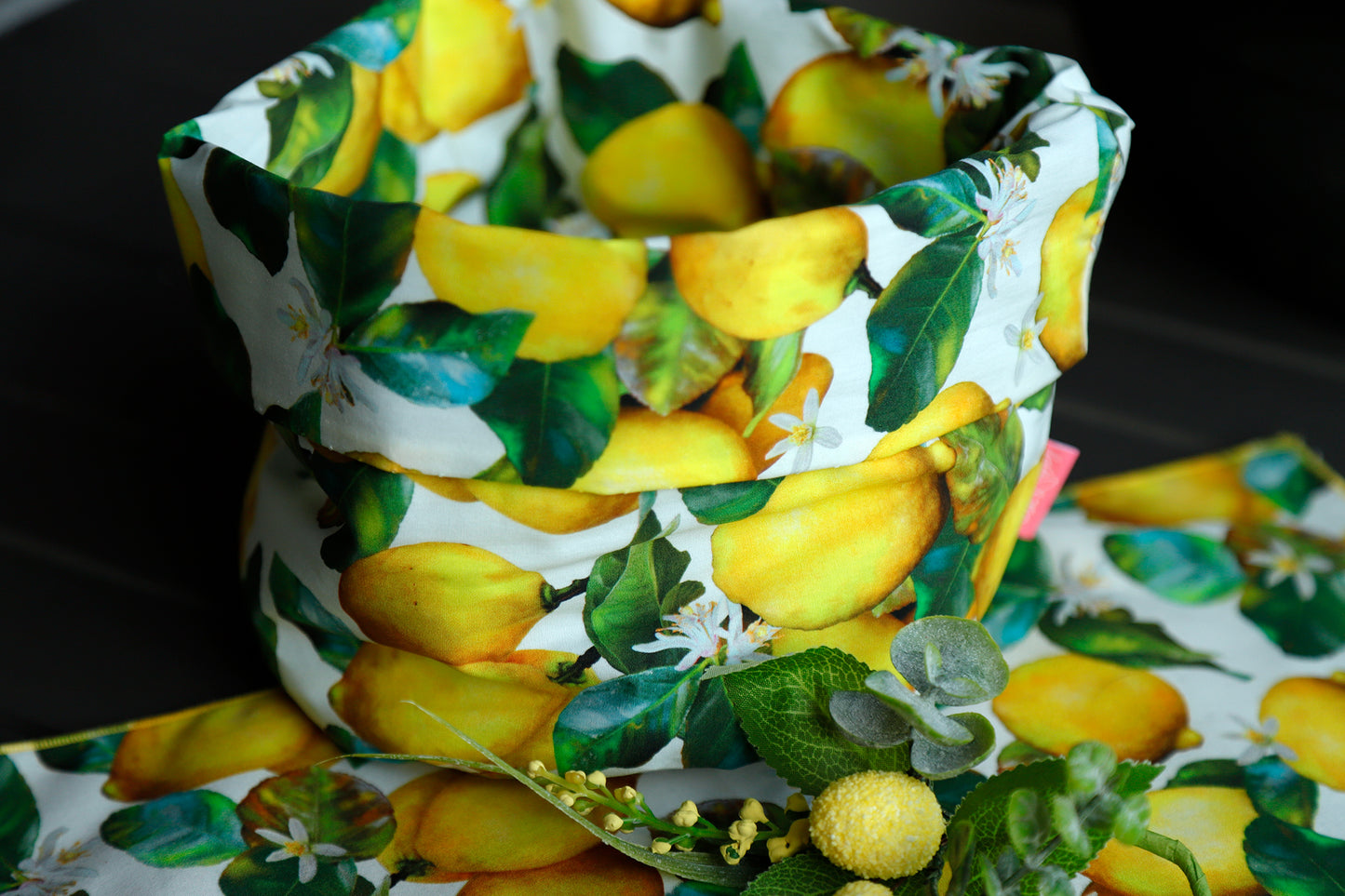 CESTINO IMBOTTITO LIMONI GIRASOLI tela puro cotone